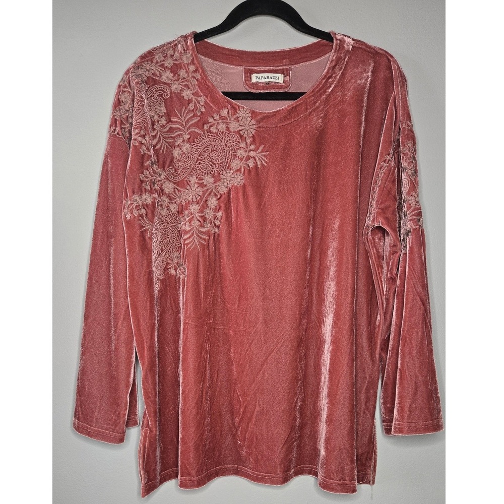 Paparazzi Pink Velvet Embroidered Top Medium Y2K Boho Romantic Paisley